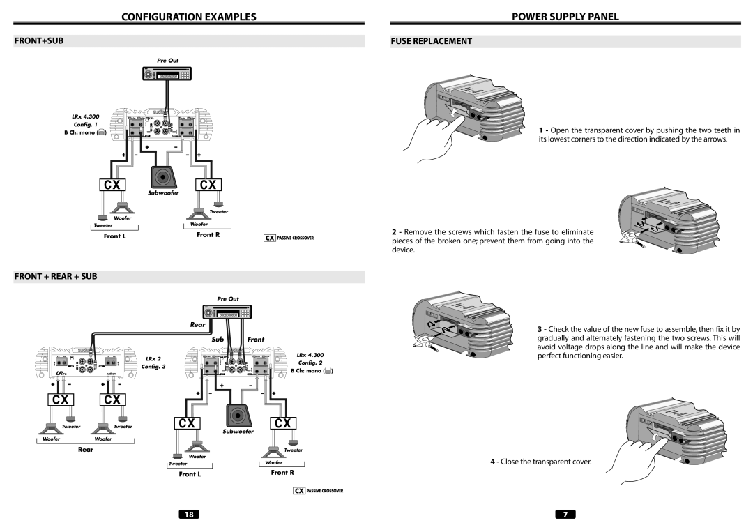 Audison LRX 4.300 manual Configuration Examples Power Supply Panel, Front+Sub, Fuse Replacement, Front + Rear + SUB 