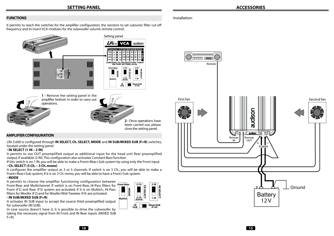 Audison LRX 5.600 manual Setting Panel, Accessories, Amplifier Configuration, Ch. Select 5 Ch. 3 Ch. mono, Mode 