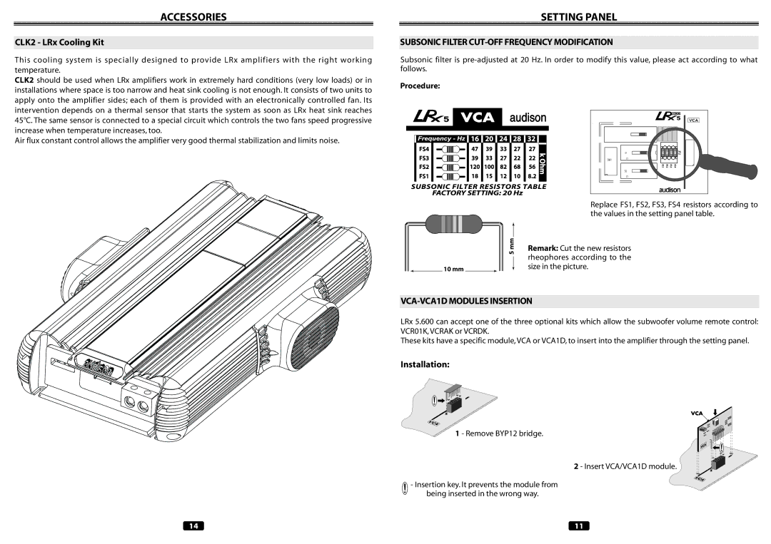 Audison LRX 5.600 manual CLK2 LRx Cooling Kit, Subsonic Filter CUT-OFF Frequency Modification, VCA-VCA1D Modules Insertion 