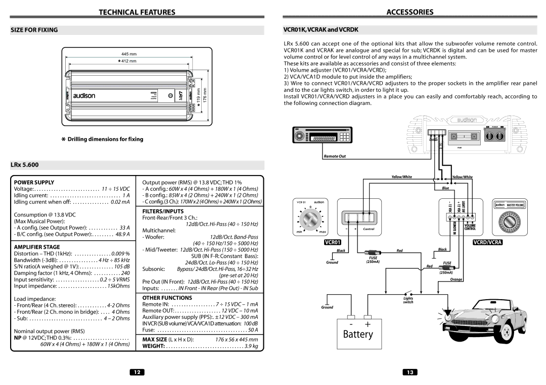 Audison LRX 5.600 manual Technical Features, Size for Fixing, VCR01K,VCRAK and Vcrdk, LRx 