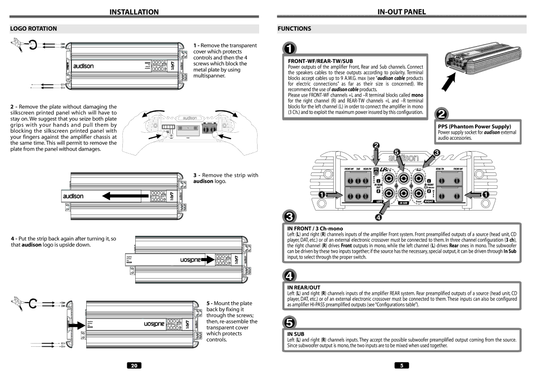 Audison LRX 5.600 manual IN-OUT Panel, Logo Rotation, Functions 