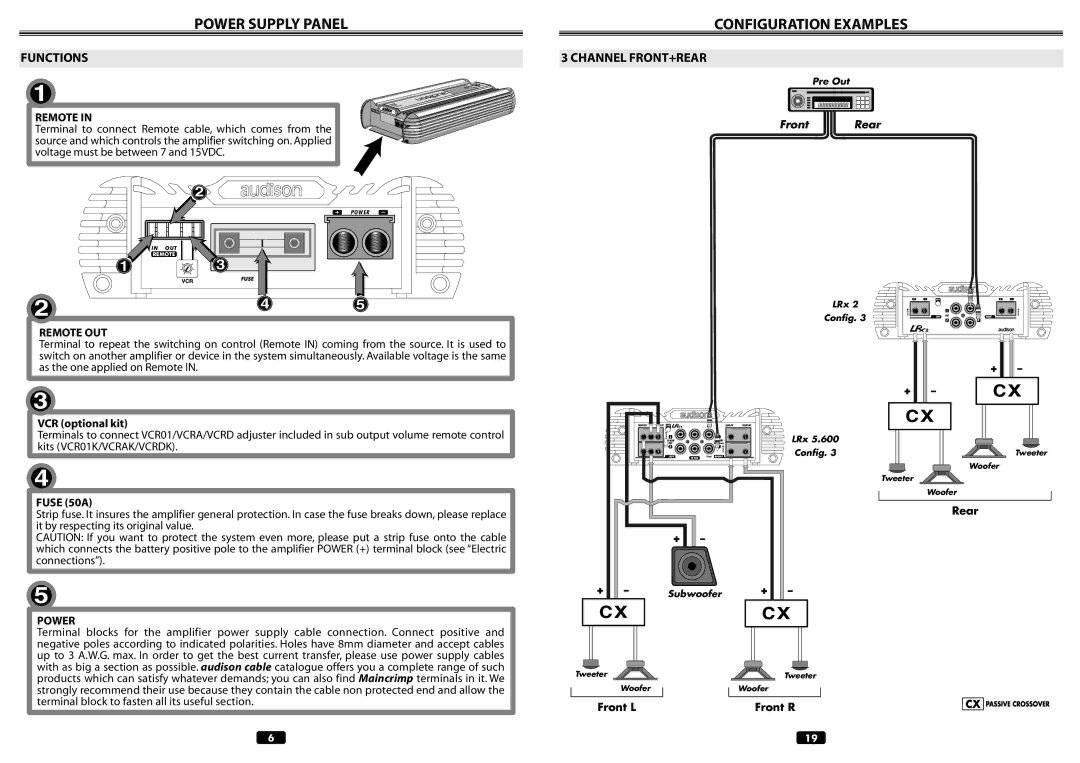 Audison LRX 5.600 manual Power Supply Panel, Configuration Examples, Channel FRONT+REAR 