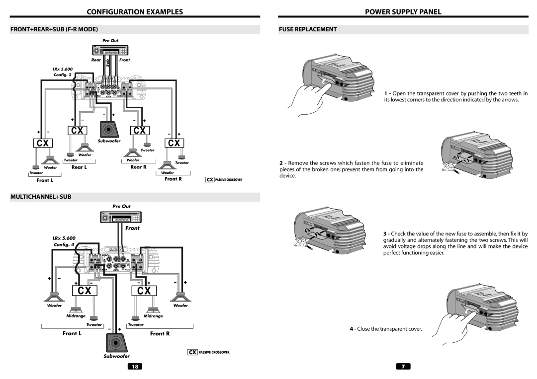 Audison LRX 5.600 manual FRONT+REAR+SUB F-R Mode, Fuse Replacement, Multichannel+Sub 