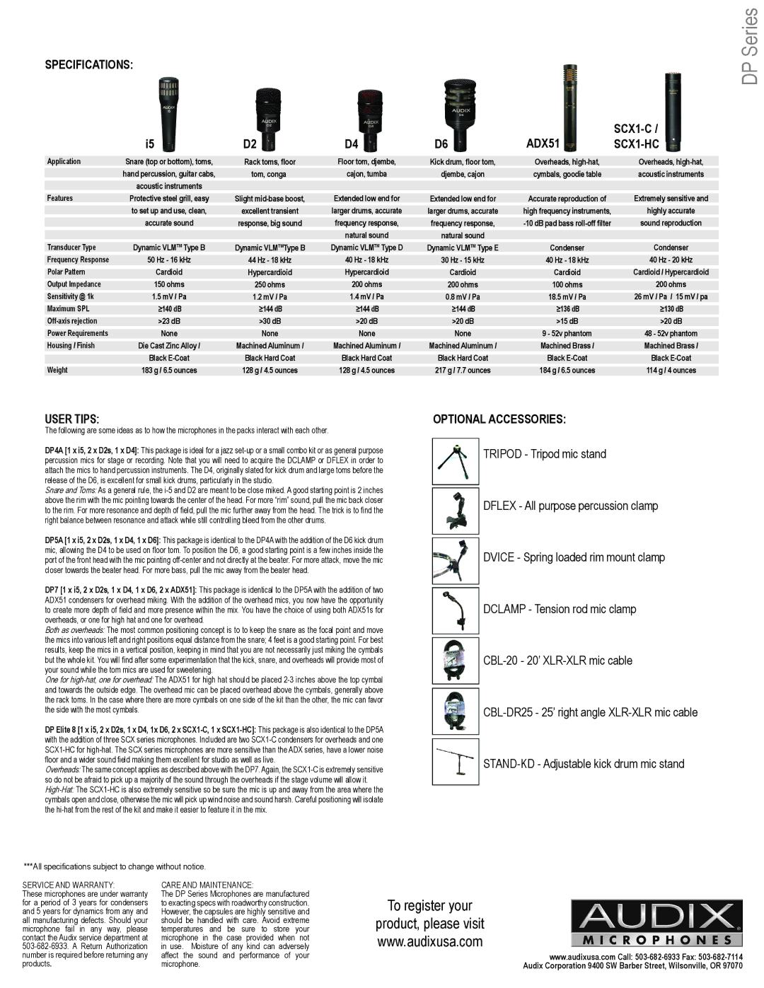 Audix DP4a manual Specifications, User Tips, Optional Accessories 