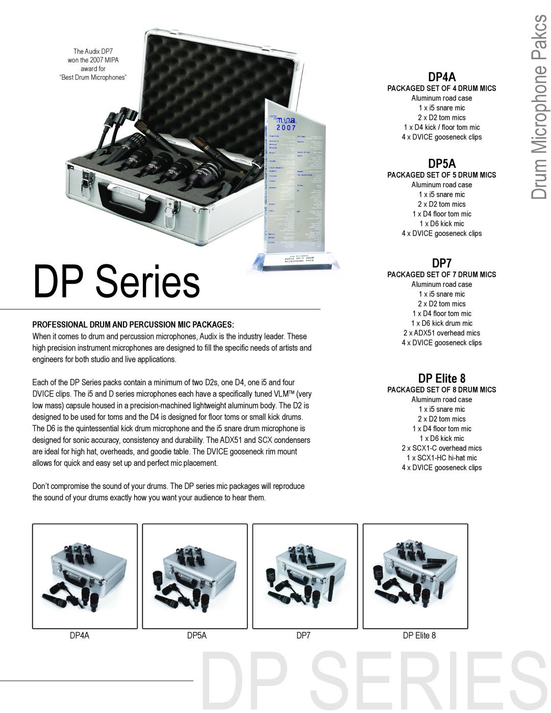 Audix DP4a manual Professional Drum And Percussion Mic Packages, DP Series, Drum Microphone Pakcs, DP4A, DP5A, DP Elite 