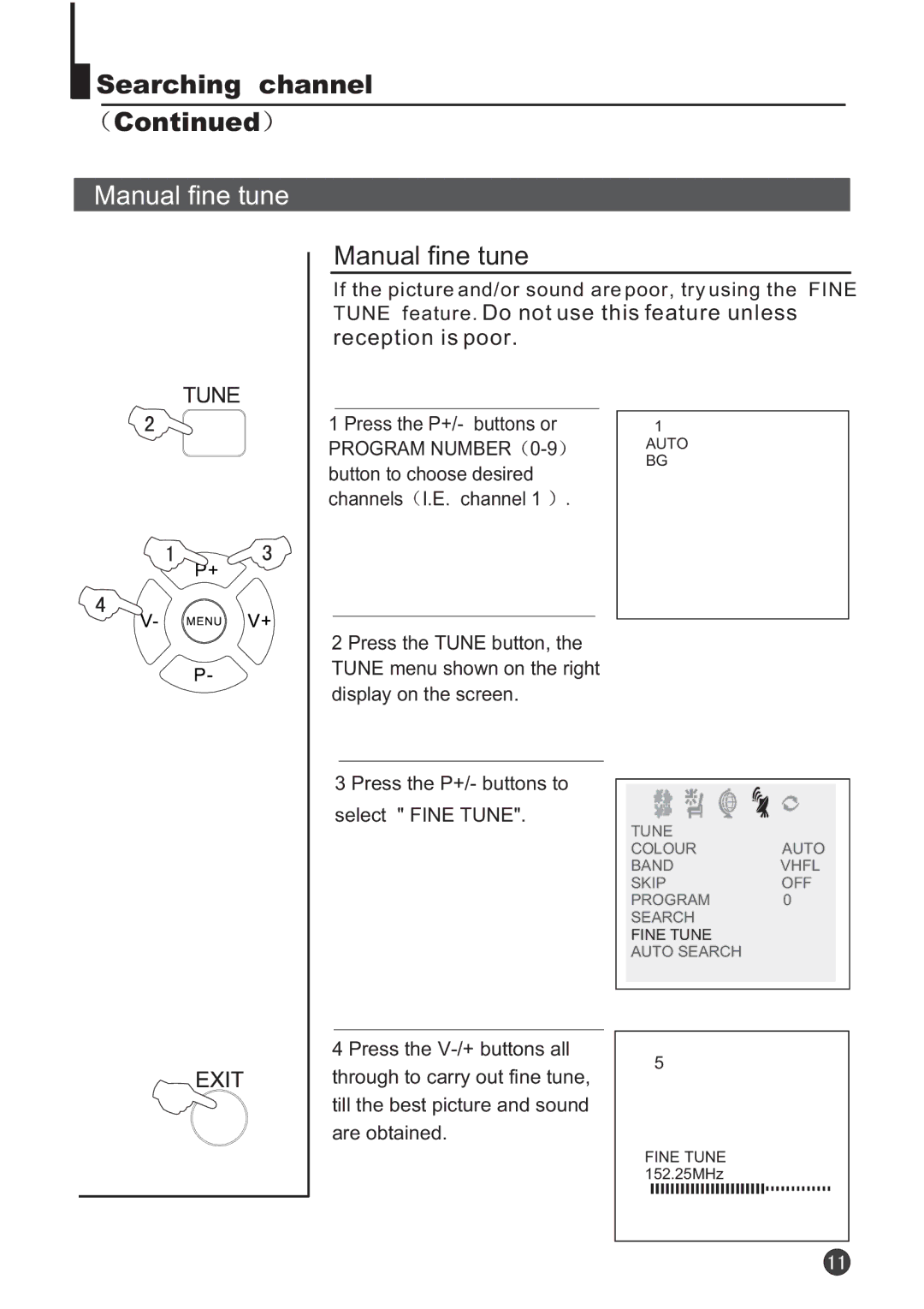 Audix TVD6040 owner manual Manual fine tune, If the picture and/or sound are poor, try using the Fine 