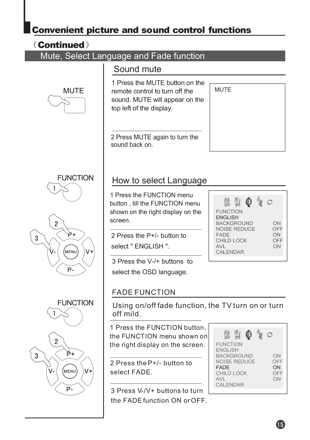 Audix TVD6040 owner manual Mute, Select Language and Fade function, Sound mute, How to select Language 