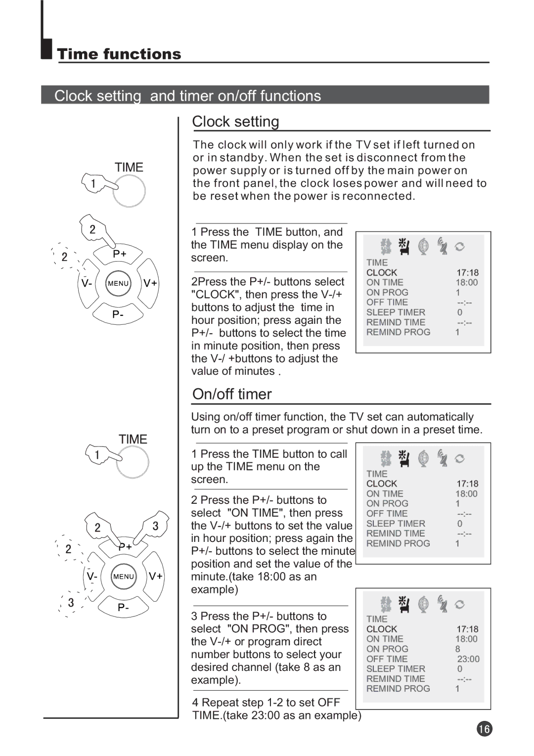 Audix TVD6040 owner manual Time functions, Clock setting and timer on/off functions, On/off timer 