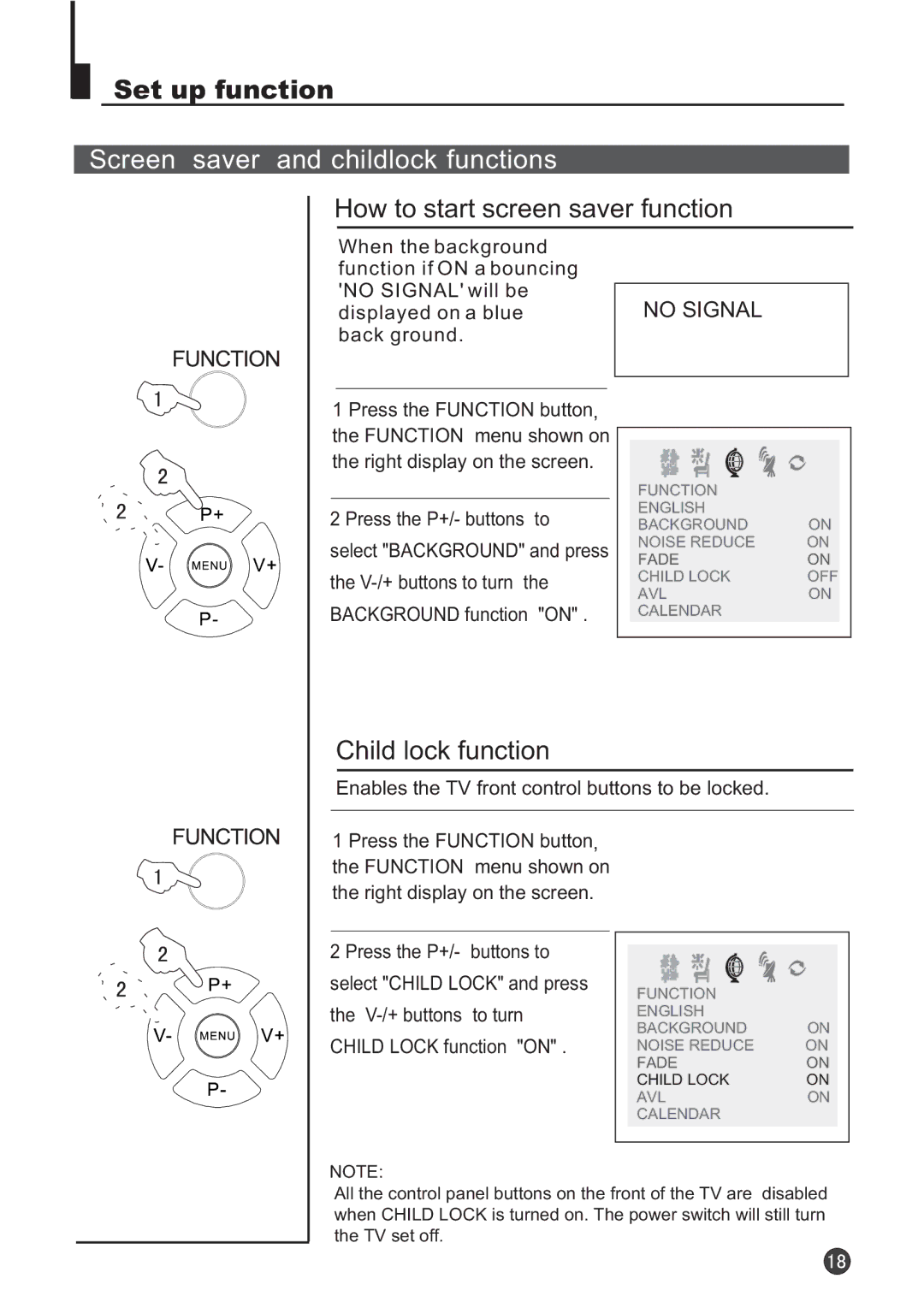 Audix TVD6040 owner manual Set up function, Screen saver and childlock functions, How to start screen saver function 