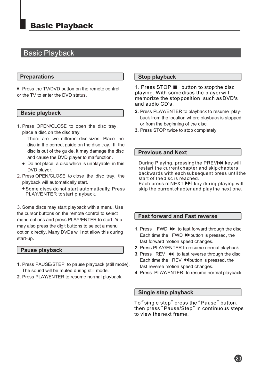 Audix TVD6040 owner manual Basic Playback 