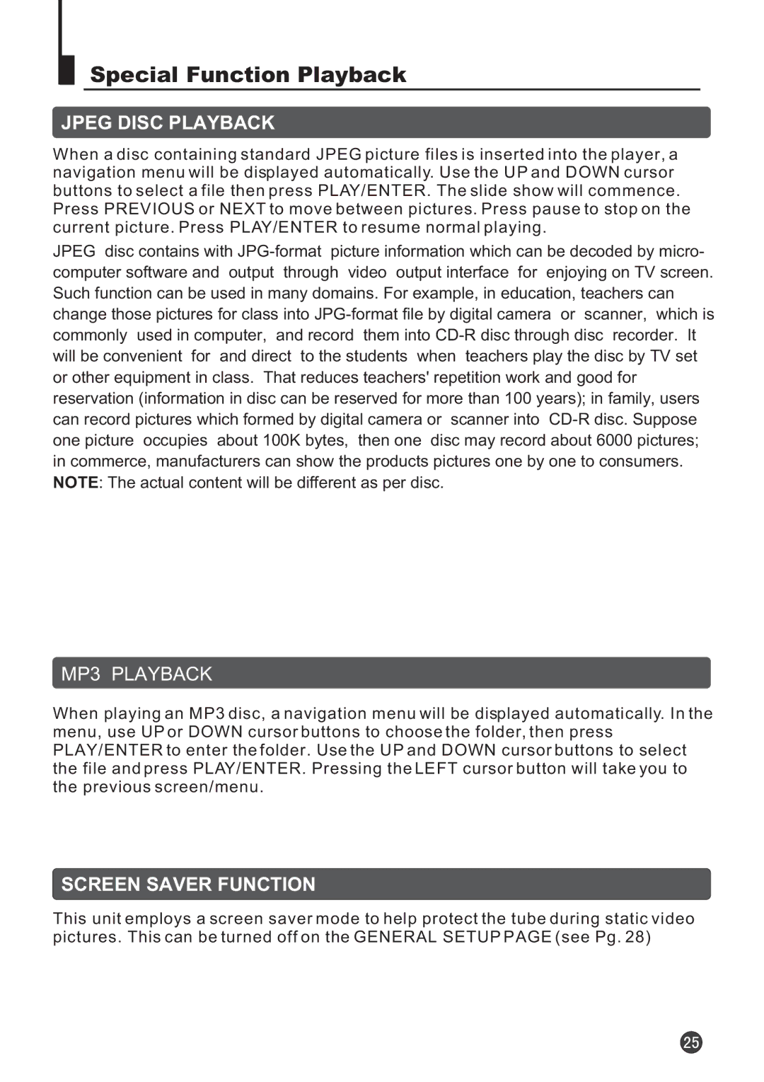 Audix TVD6040 owner manual Special Function Playback, Jpeg Disc Playback 