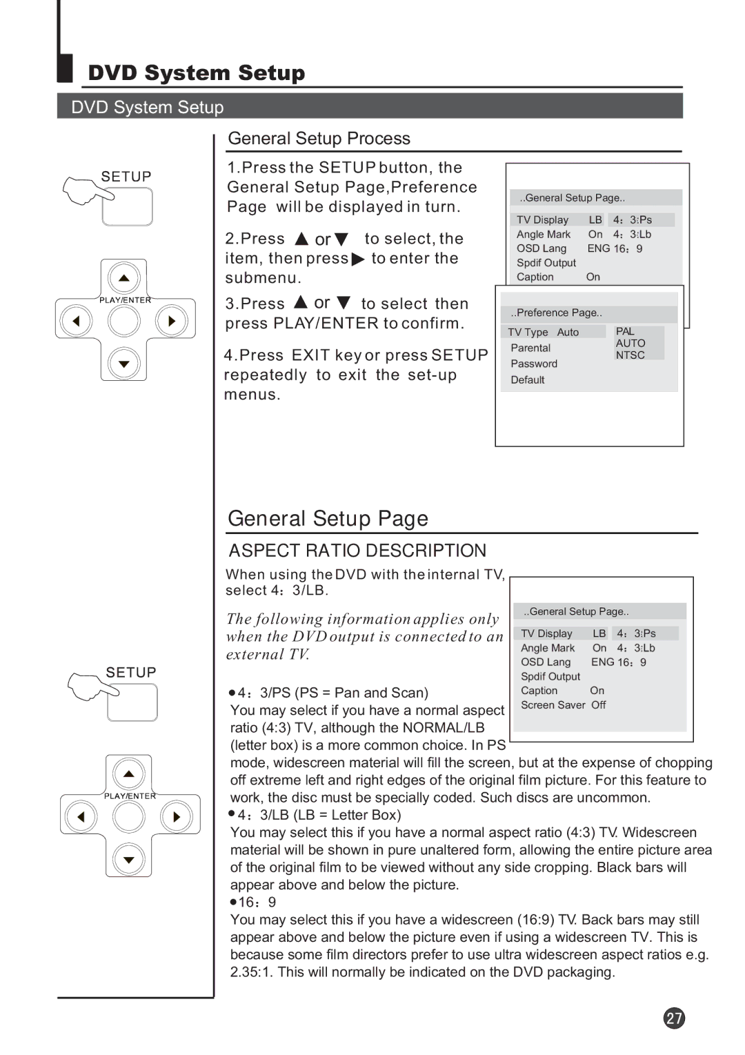 Audix TVD6040 owner manual DVD System Setup, General Setup 