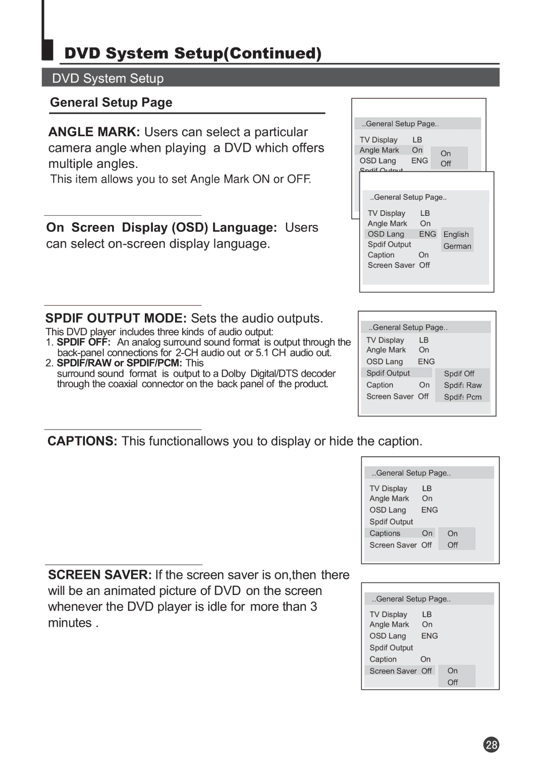 Audix TVD6040 owner manual General Setup, This item allows you to set Angle Mark on or OFF 