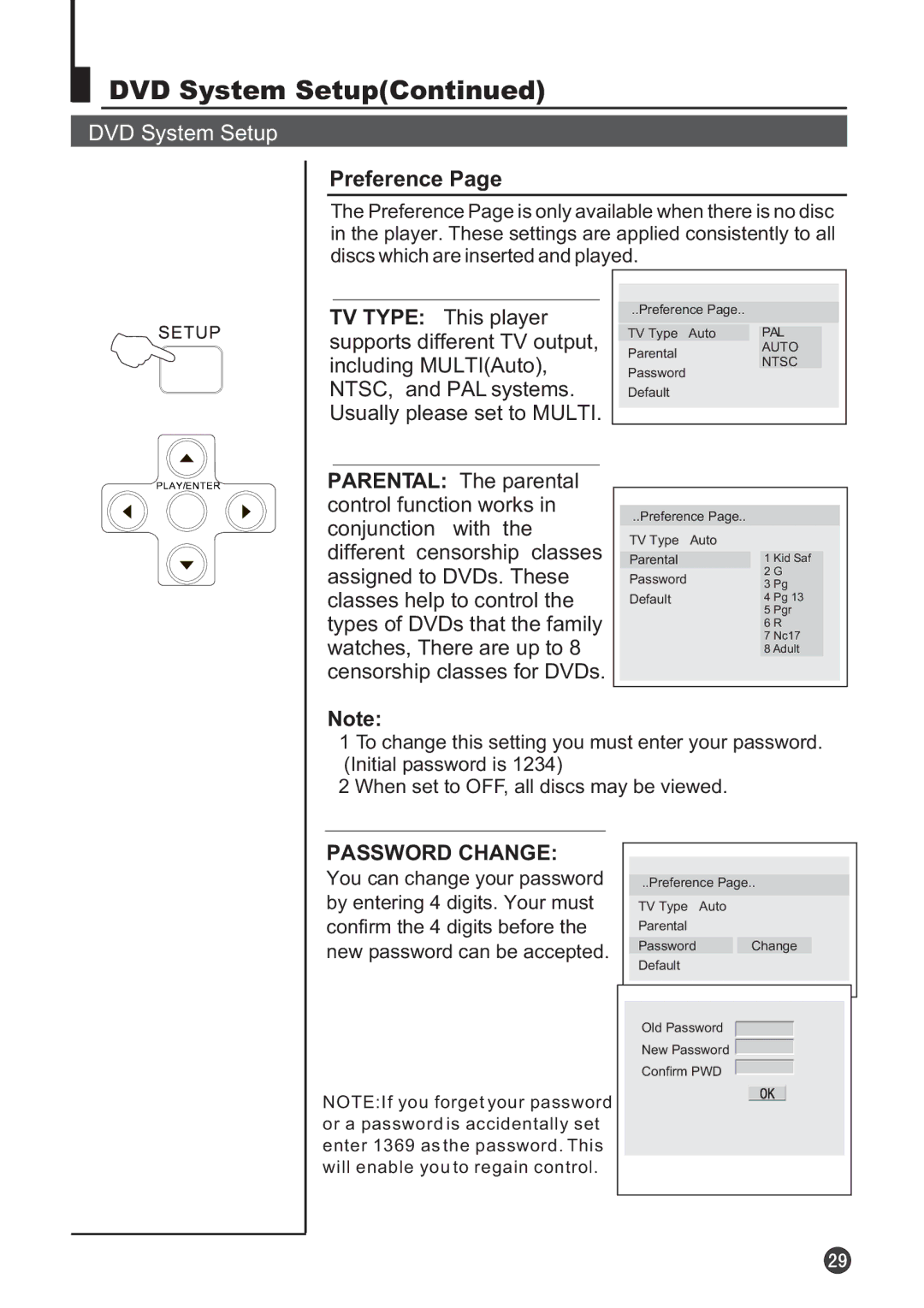 Audix TVD6040 owner manual Password Change 