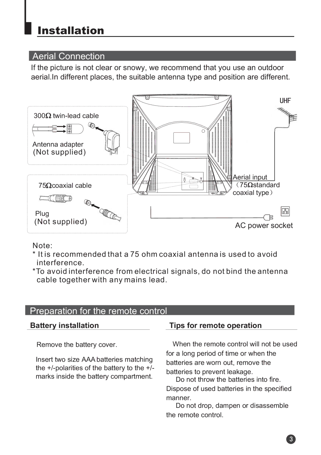 Audix TVD6040 owner manual Aerial Connection, Preparation for the remote control 