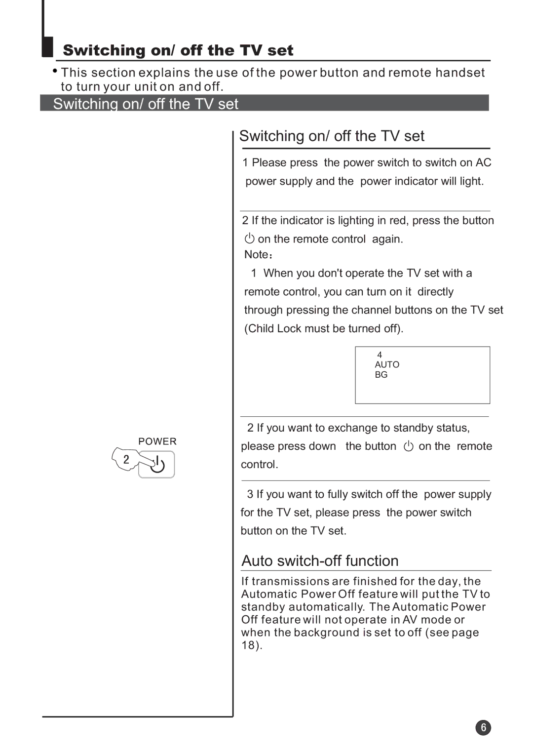 Audix TVD6040 owner manual Switching on/ off the TV set, Auto switch-off function 