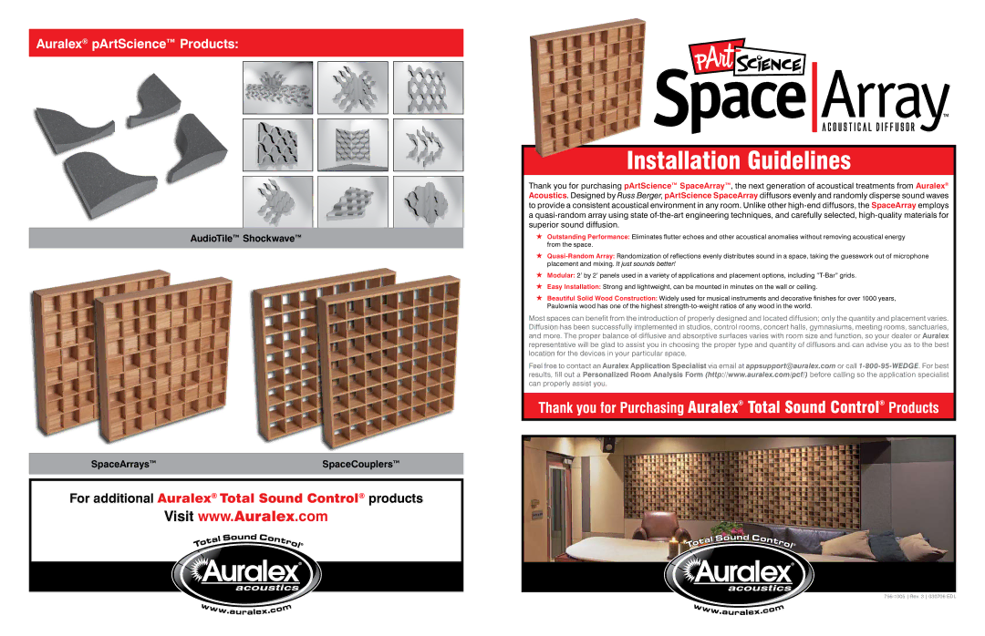 Auralex Acoustics Acoustical Diffusor manual Installation Guidelines, Auralex pArtScience Products 