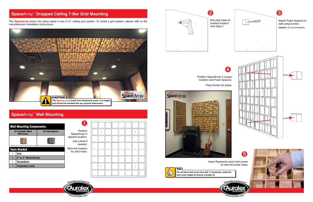 Auralex Acoustics Acoustical Diffusor manual SpaceArray Dropped Ceiling T-Bar Grid Mounting, SpaceArray Wall Mounting, Tip 