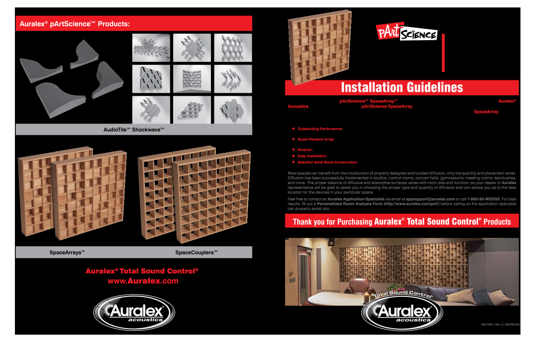 Auralex Acoustics Acoustical Diffusor manual Auralex pArtScience Products, Installation Guidelines, AudioTile Shockwave 