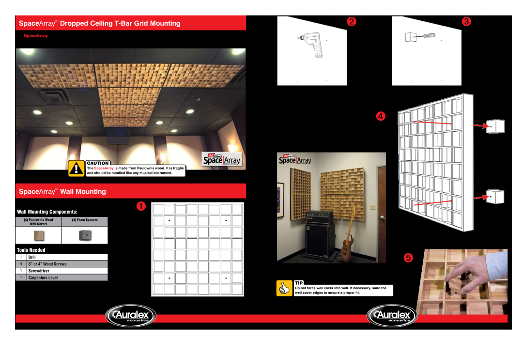 Auralex Acoustics Acoustical Diffusor manual SpaceArray Dropped Ceiling T-BarGrid Mounting, SpaceArray Wall Mounting 