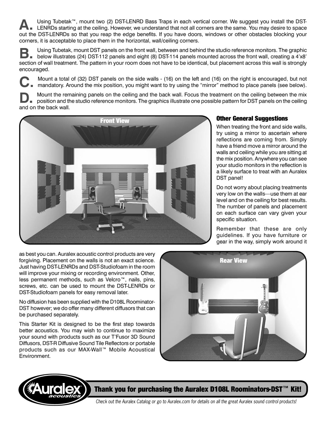 Auralex Acoustics D108L manual Front View, Other General Suggestions, Rear View 