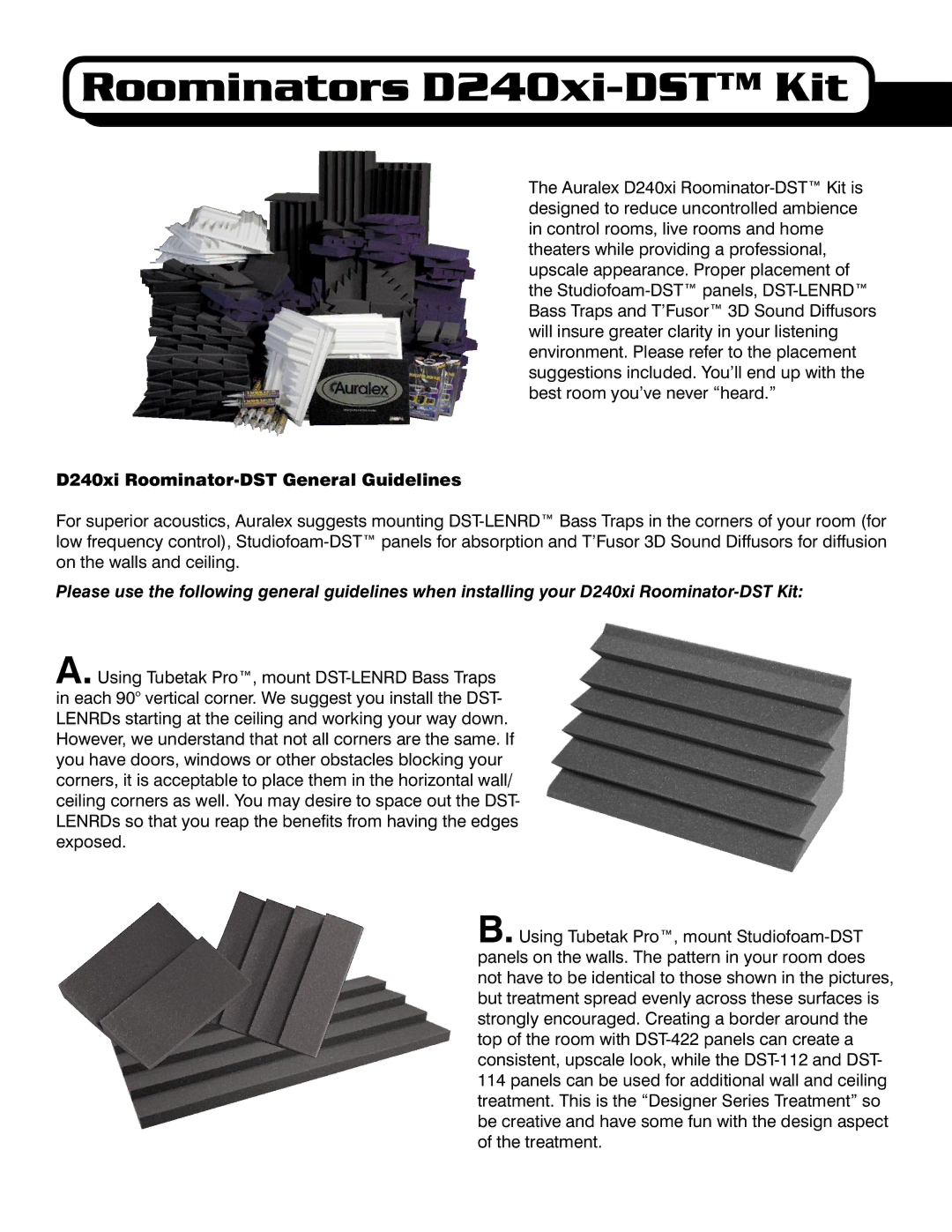 Auralex Acoustics manual Roominators D240xi-DST Kit, D240xi Roominator-DST General Guidelines 