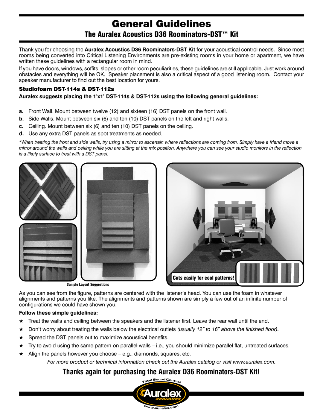 Auralex Acoustics manual General Guidelines, Auralex Acoustics D36 Roominators-DST Kit, Cuts easily for cool patterns 