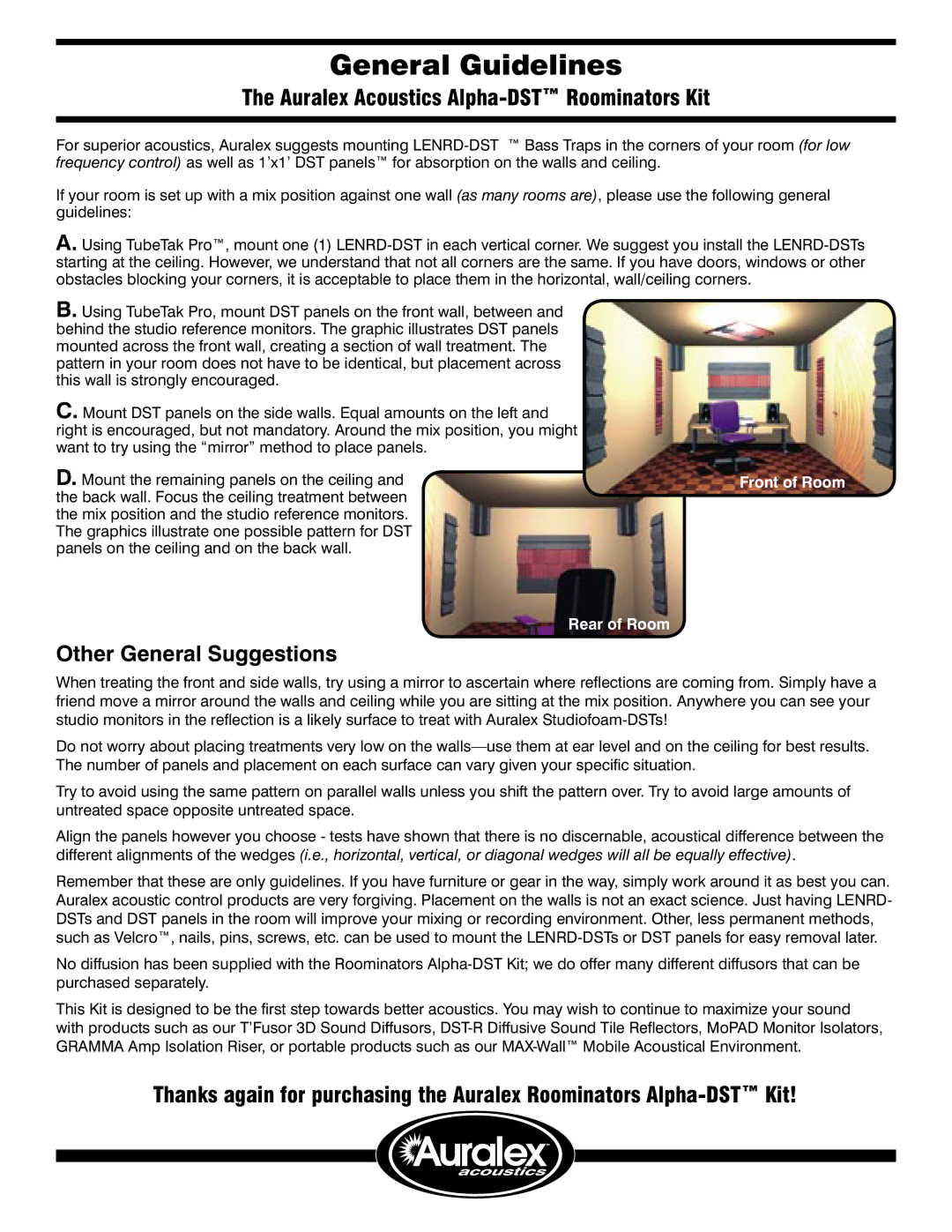 Auralex Acoustics Designer Series manual General Guidelines, Auralex Acoustics Alpha-DST Roominators Kit, Front of Room 