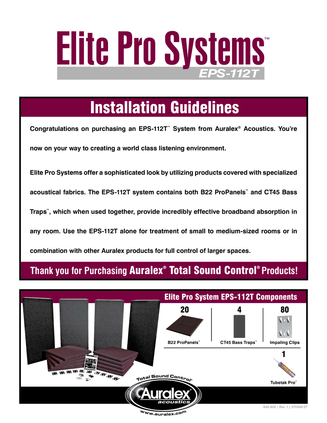 Auralex Acoustics manual Elite Pro Systems, Elite Pro System EPS-112T Components 