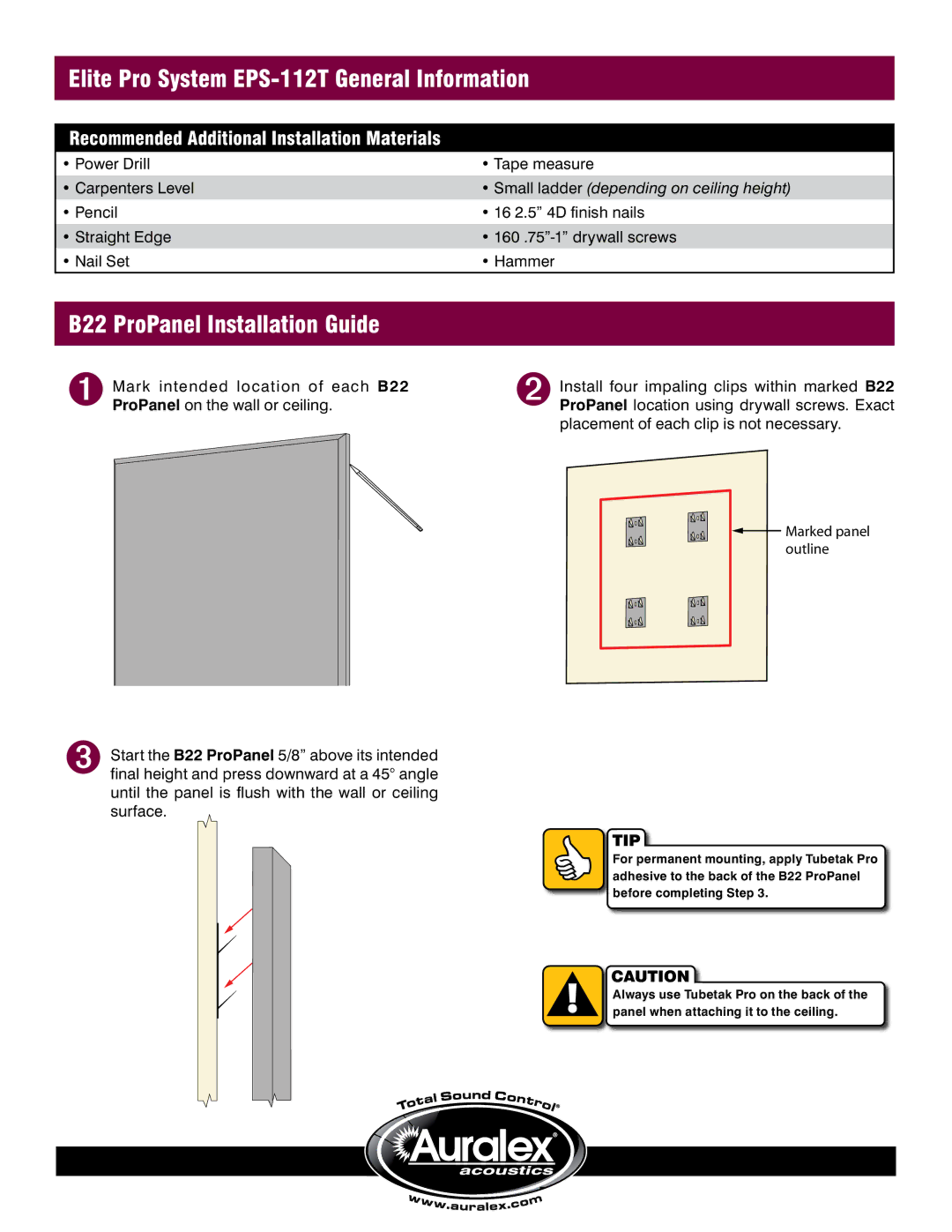 Auralex Acoustics manual Elite Pro System EPS-112T General Information, B22 ProPanel Installation Guide 