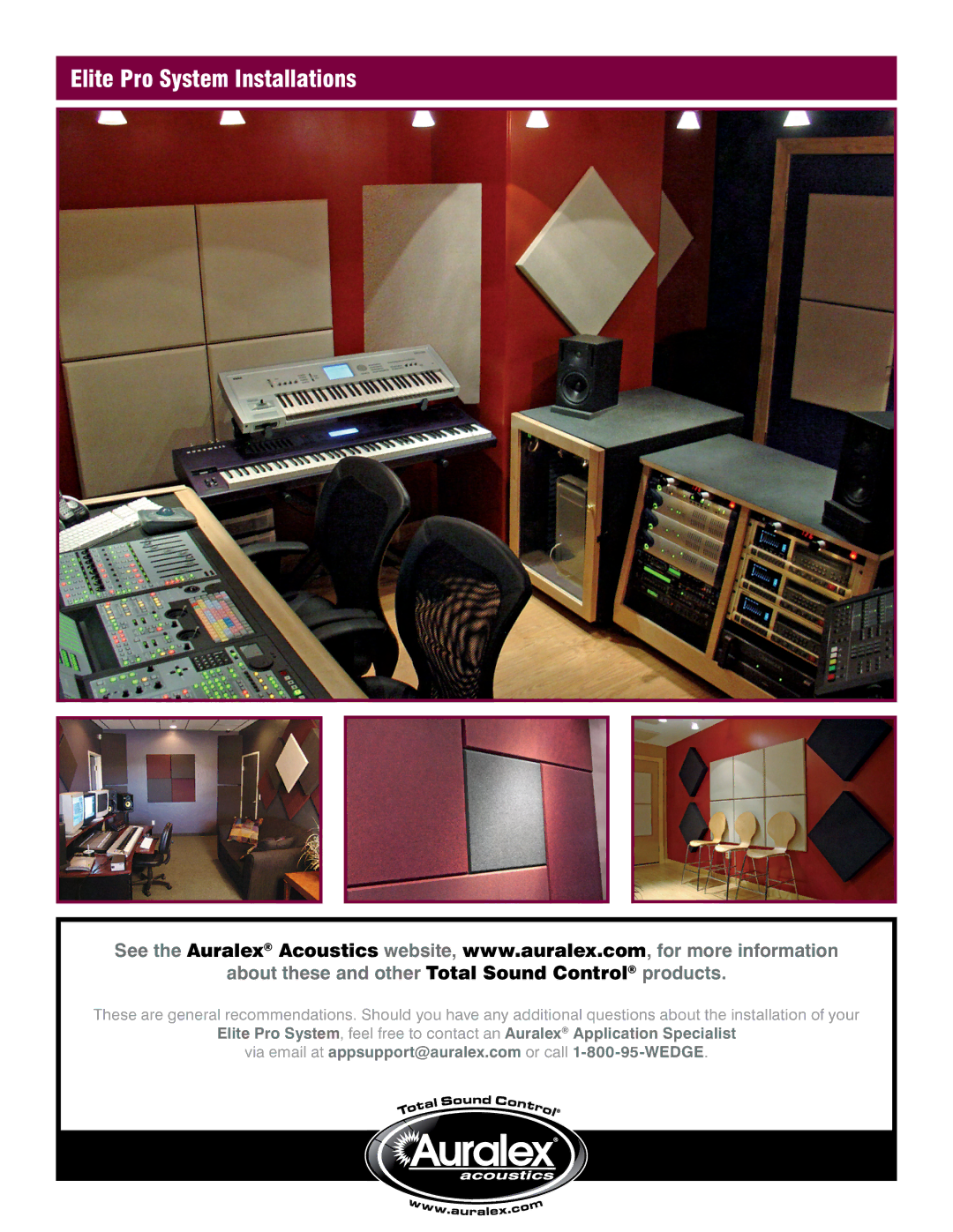 Auralex Acoustics EPS-112T manual Elite Pro System Installations, About these and other Total Sound Control products 