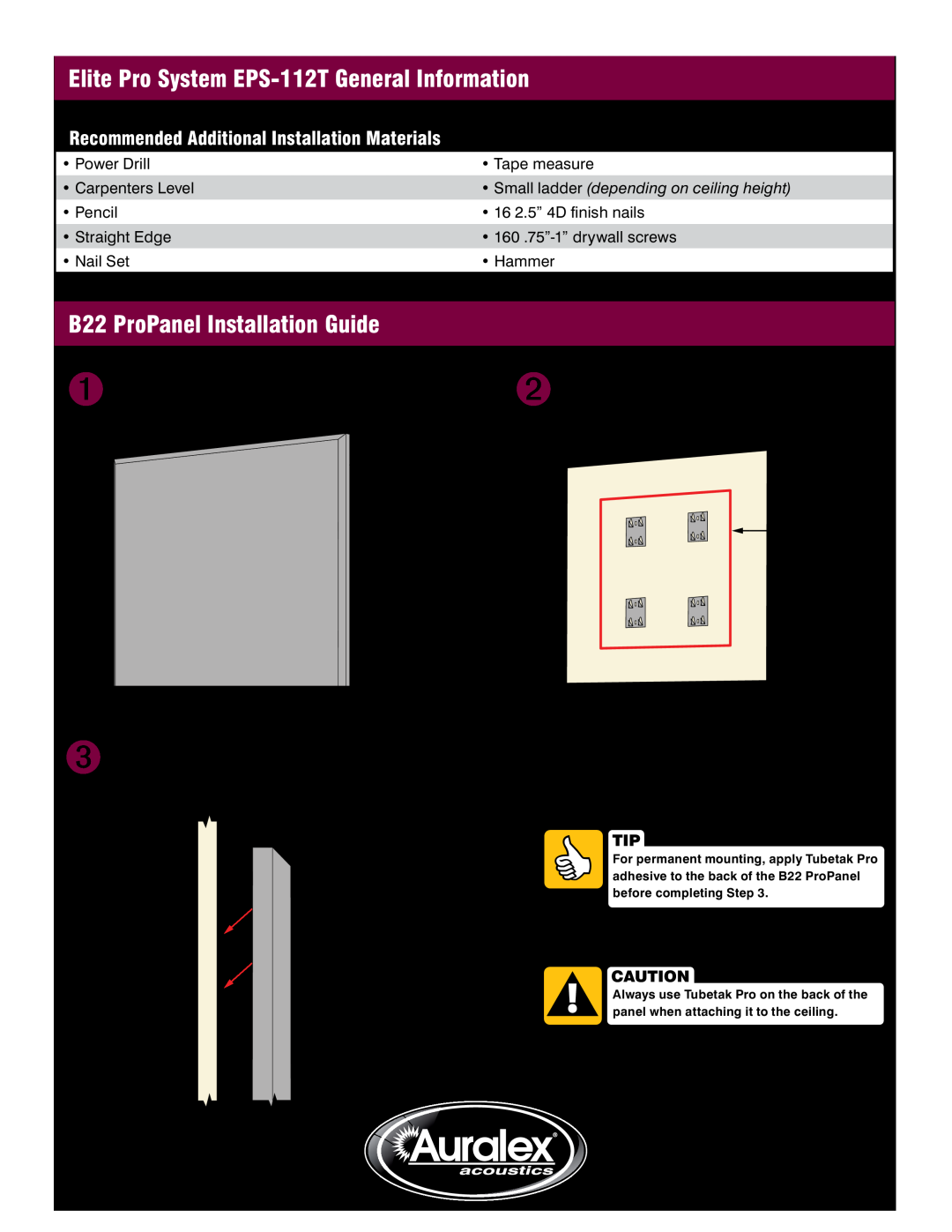 Auralex Acoustics manual Elite Pro System EPS-112T General Information, B22 ProPanel Installation Guide 