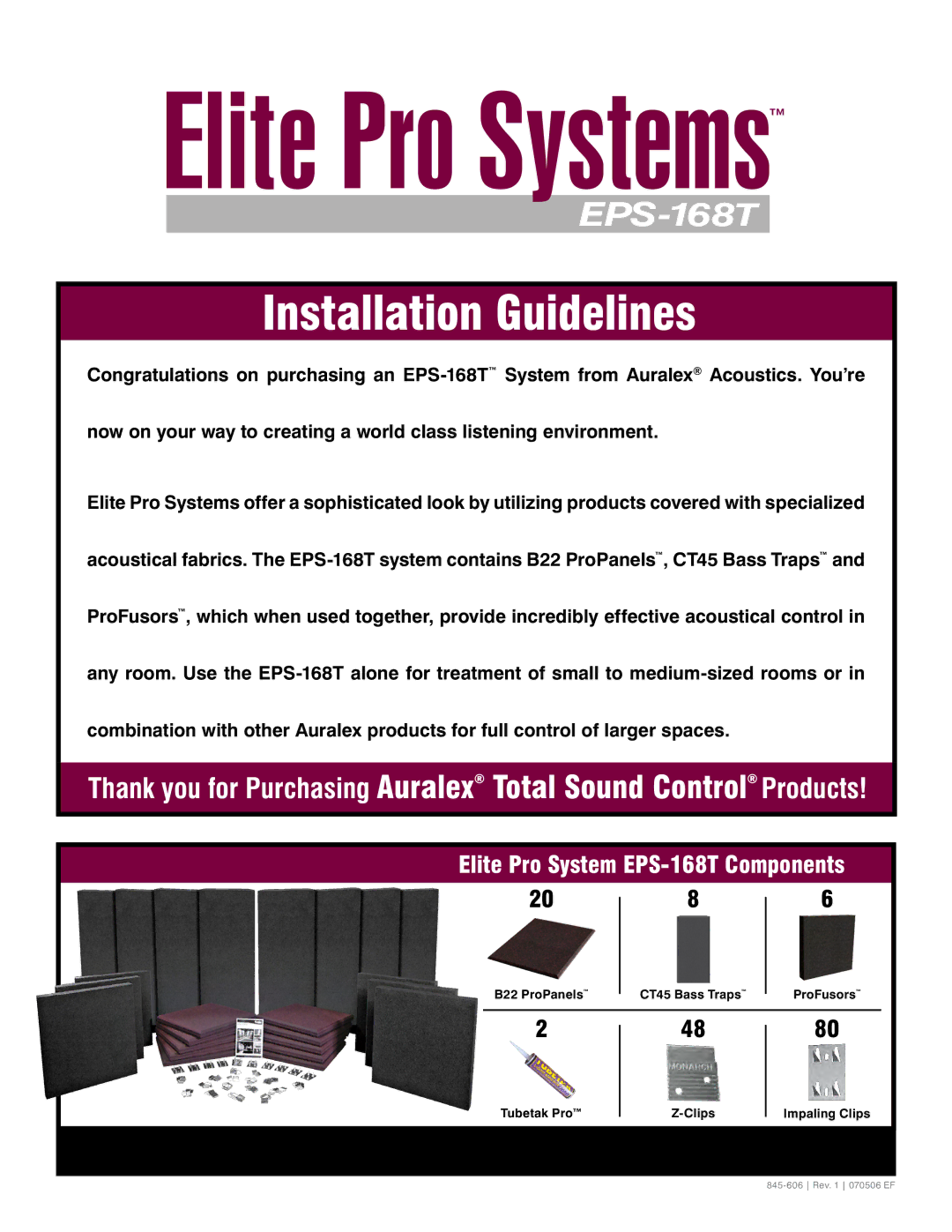 Auralex Acoustics manual Elite Pro Systems, Elite Pro System EPS-168T Components 