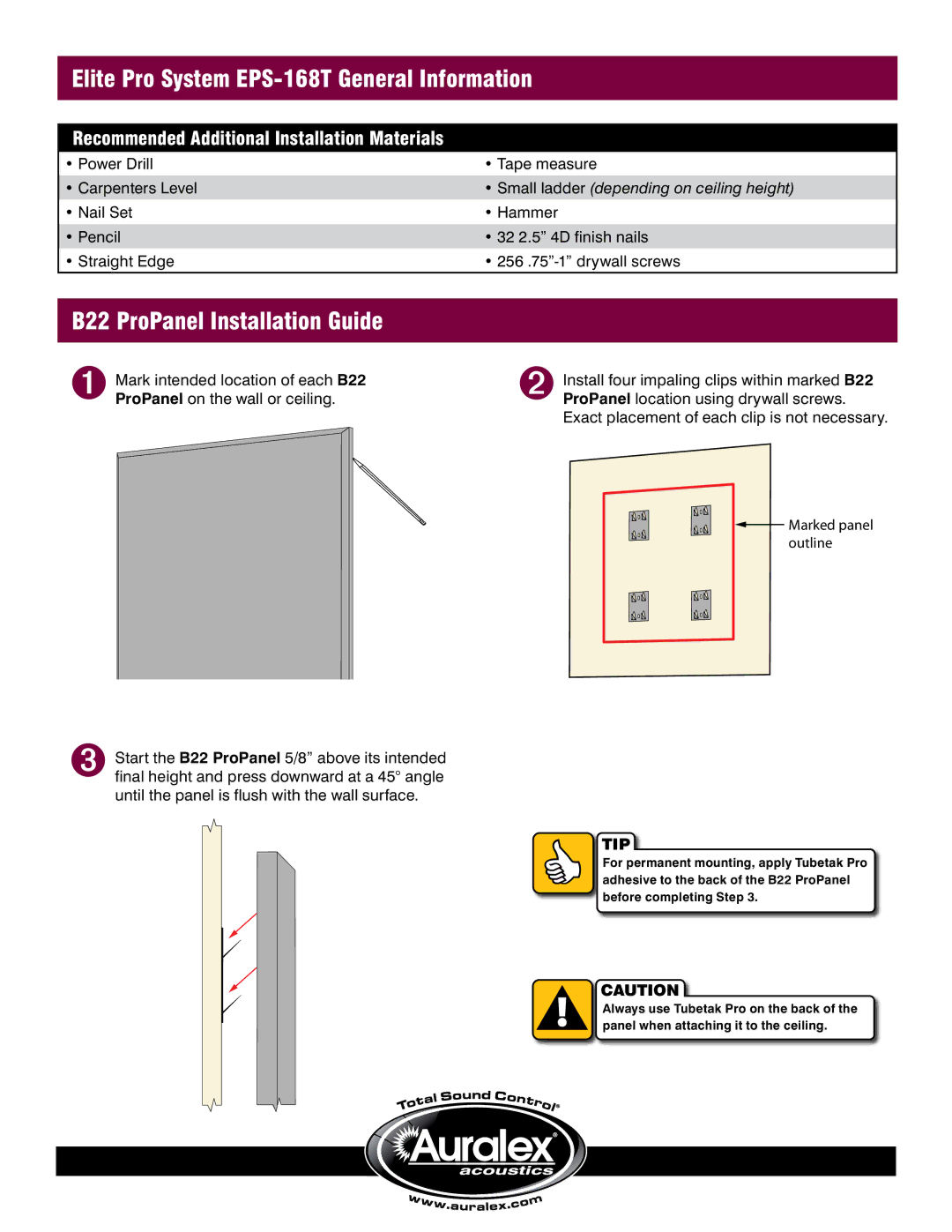 Auralex Acoustics manual Elite Pro System EPS-168T General Information, B22 ProPanel Installation Guide 