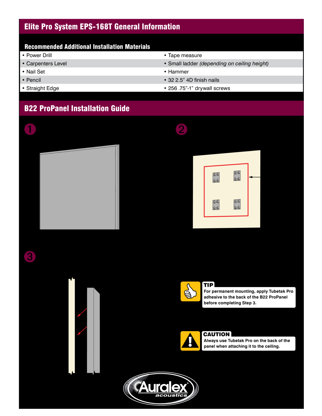 Auralex Acoustics manual Elite Pro System EPS-168TGeneral Information, B22 ProPanel Installation Guide 