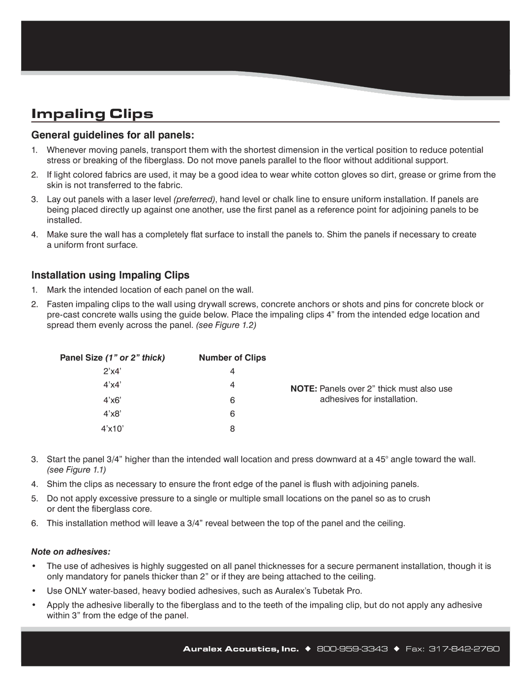 Auralex Acoustics Panels manual General guidelines for all panels, Installation using Impaling Clips 