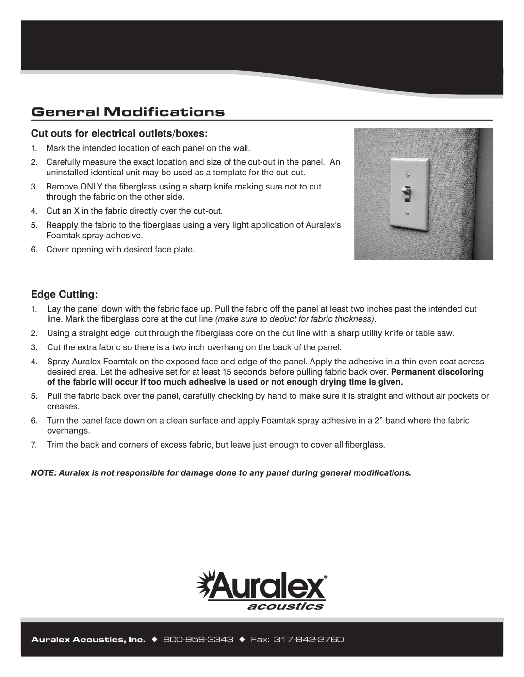 Auralex Acoustics Panels manual General Modifications, Cut outs for electrical outlets/boxes, Edge Cutting 