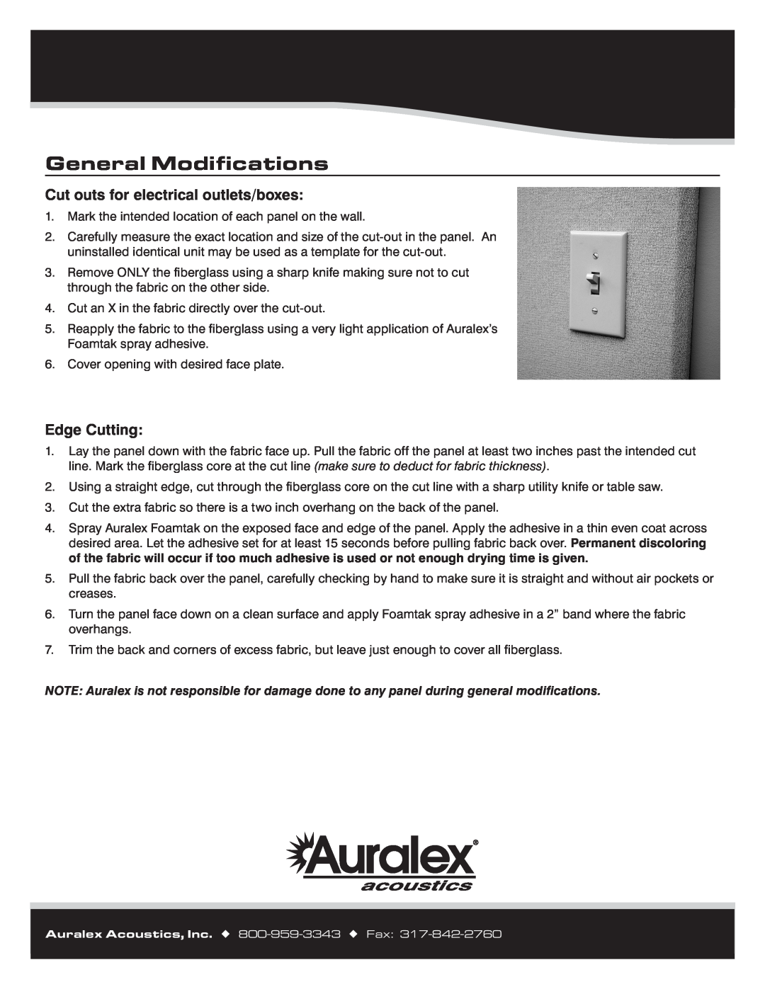 Auralex Acoustics Panels manual General Modifications, Cut outs for electrical outlets/boxes, Edge Cutting 