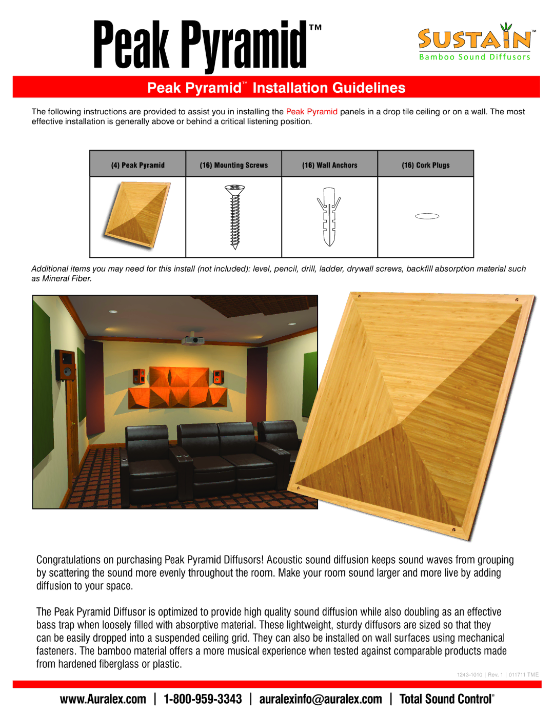 Auralex Acoustics PEAK PYRAMID manual Peak Pyramid Installation Guidelines 