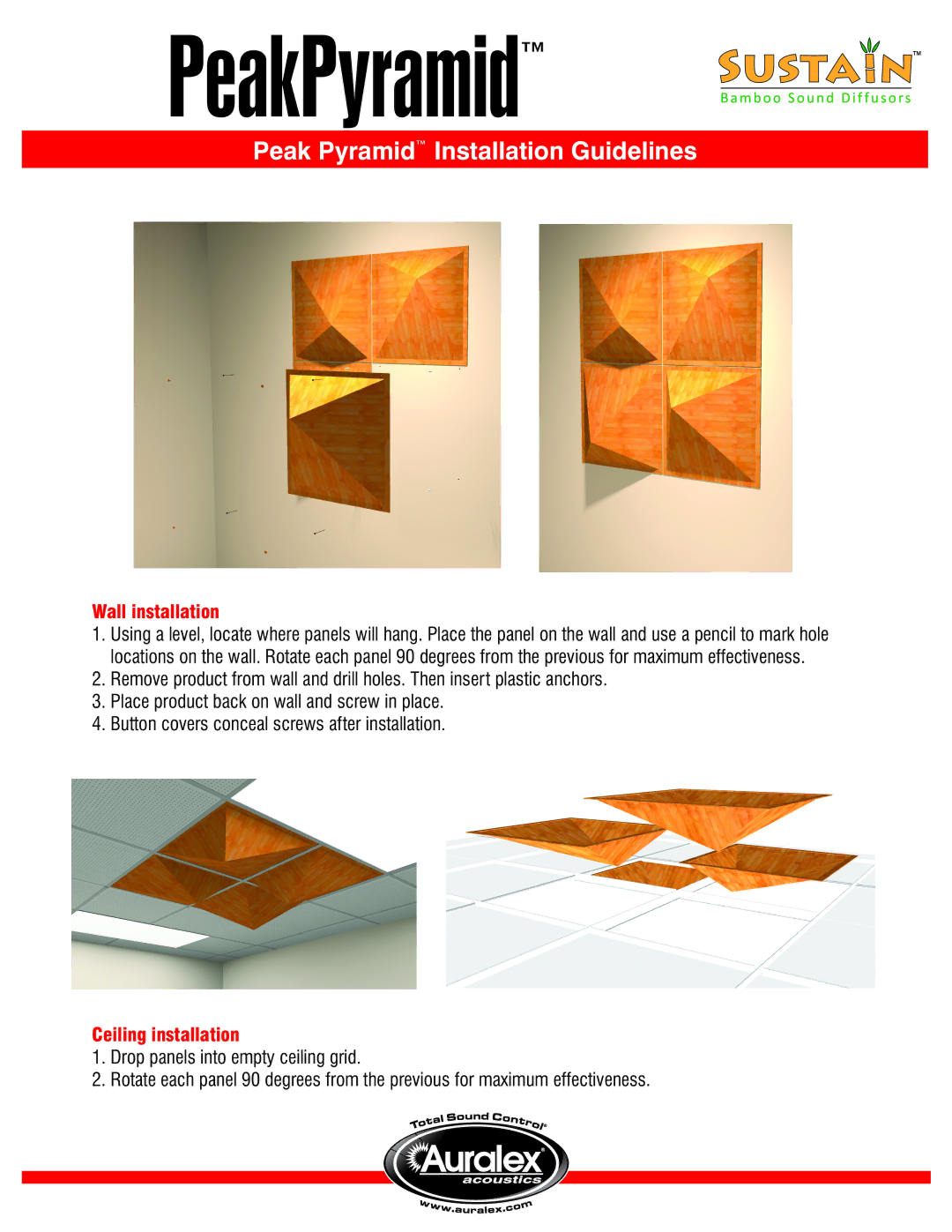 Auralex Acoustics PEAK PYRAMID manual PeakPyramid, Wall installation, Ceiling installation 