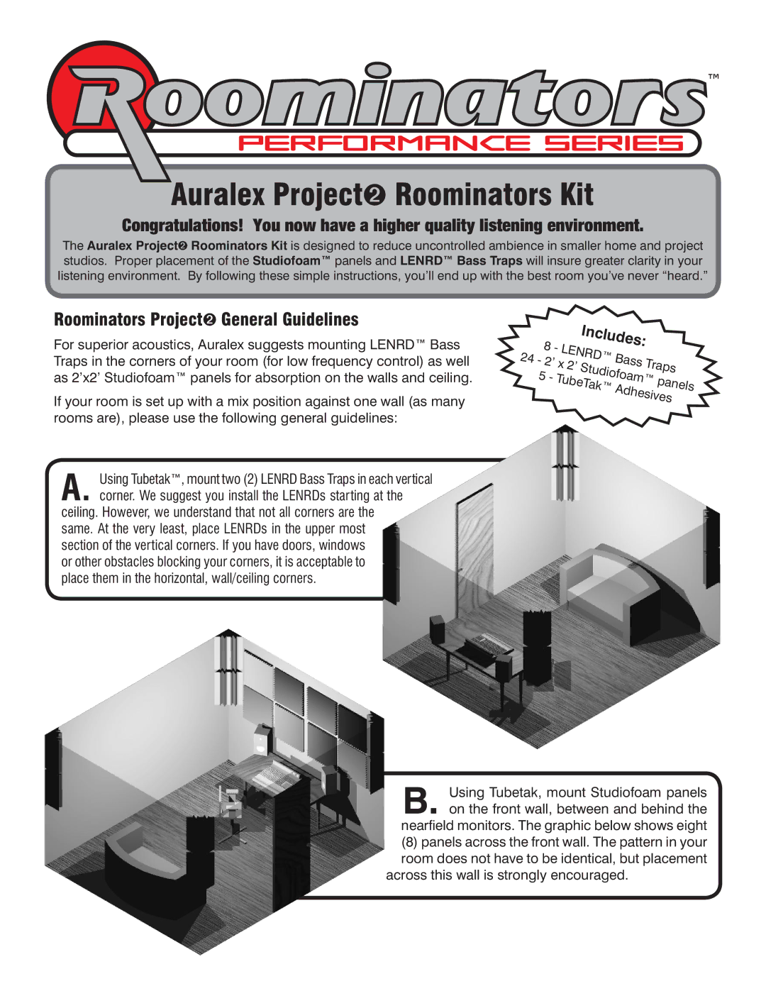 Auralex Acoustics Performance Series manual Auralex Project Roominators Kit, Roominators Project General Guidelines 