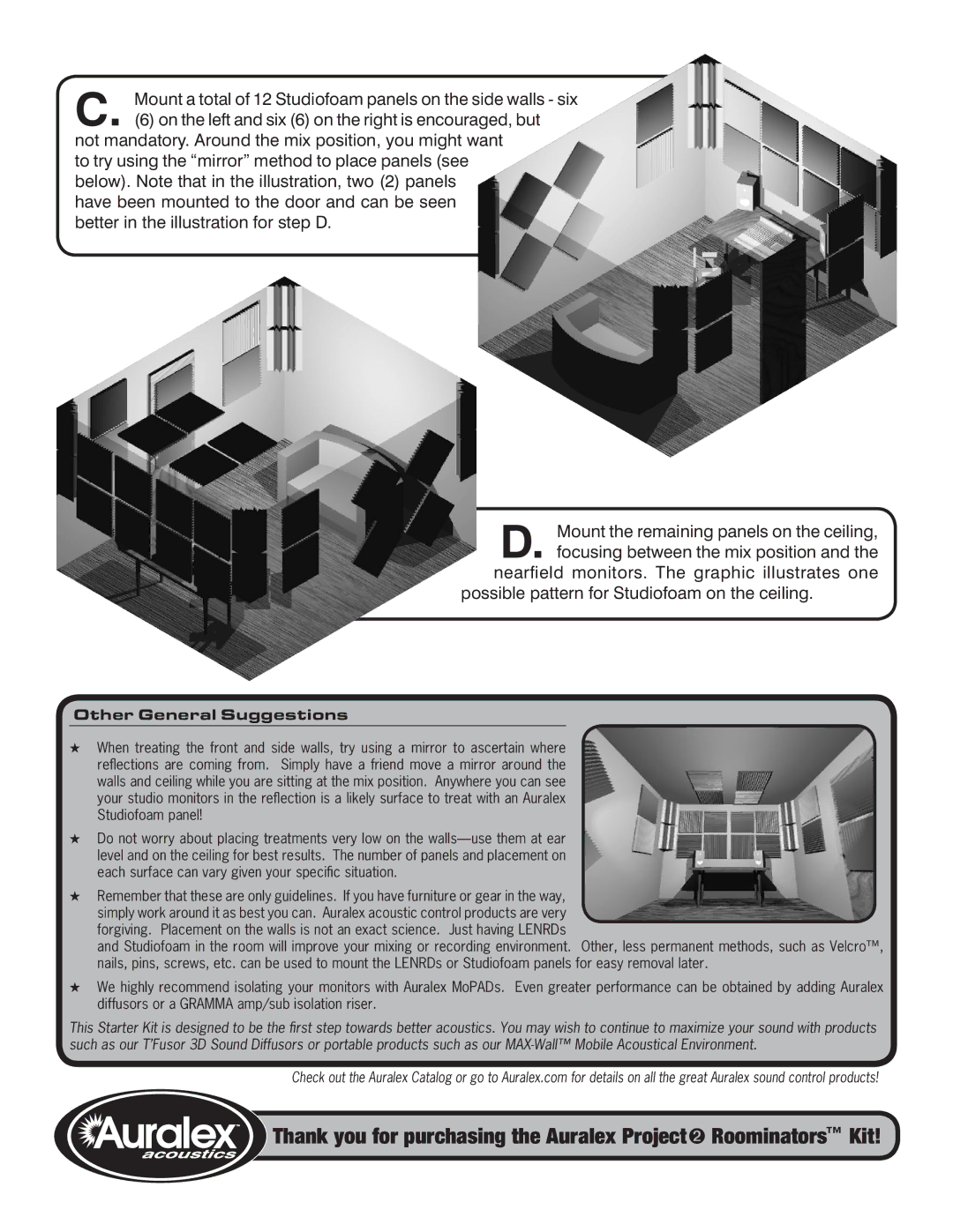 Auralex Acoustics Performance Series manual Other General Suggestions 