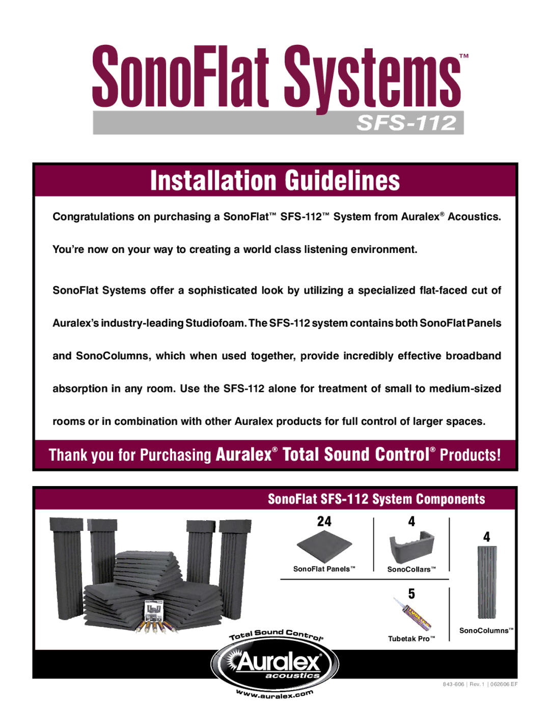 Auralex Acoustics SFS-112 manual SonoFlat Systems 