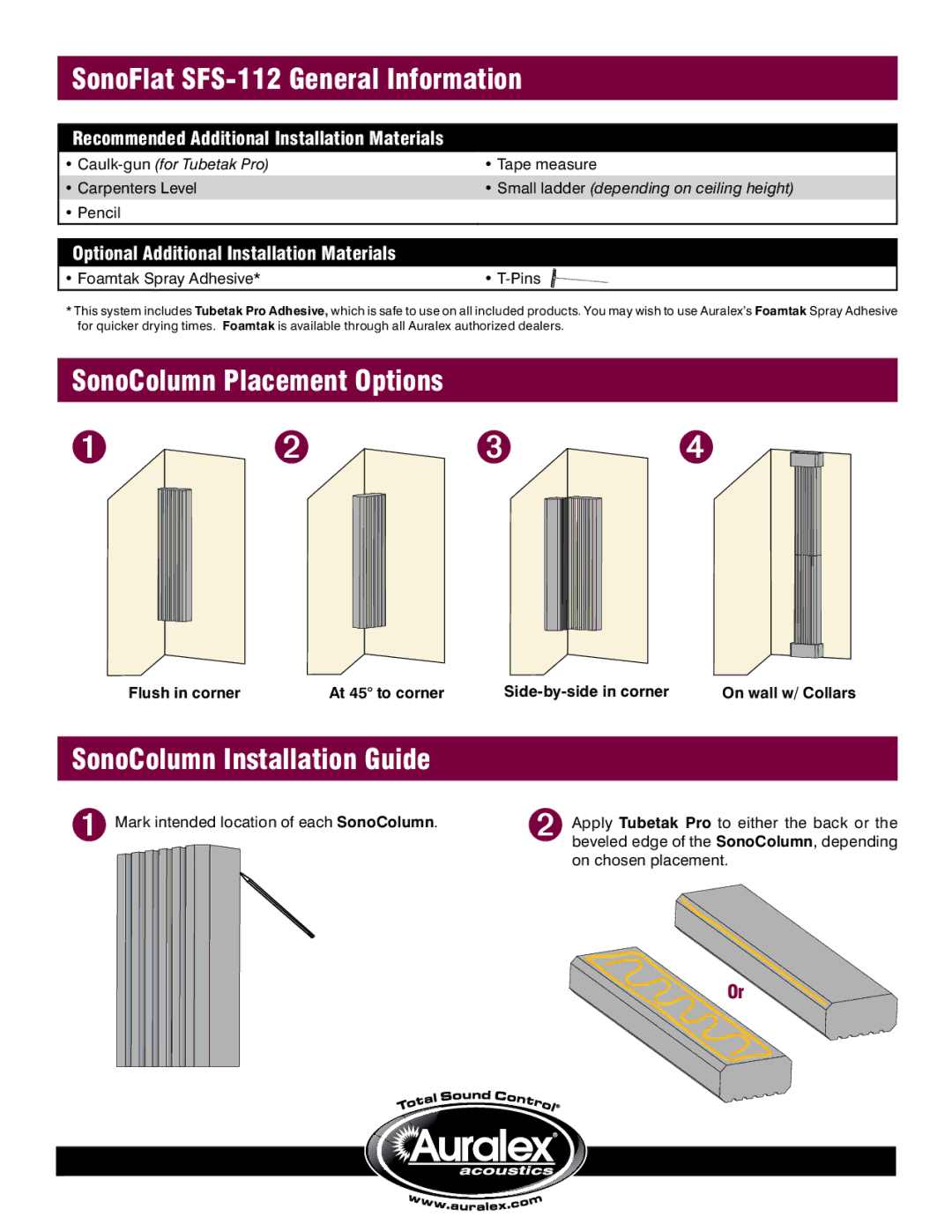 Auralex Acoustics SonoFlat SFS-112 General Information, SonoColumn Placement Options, SonoColumn Installation Guide 