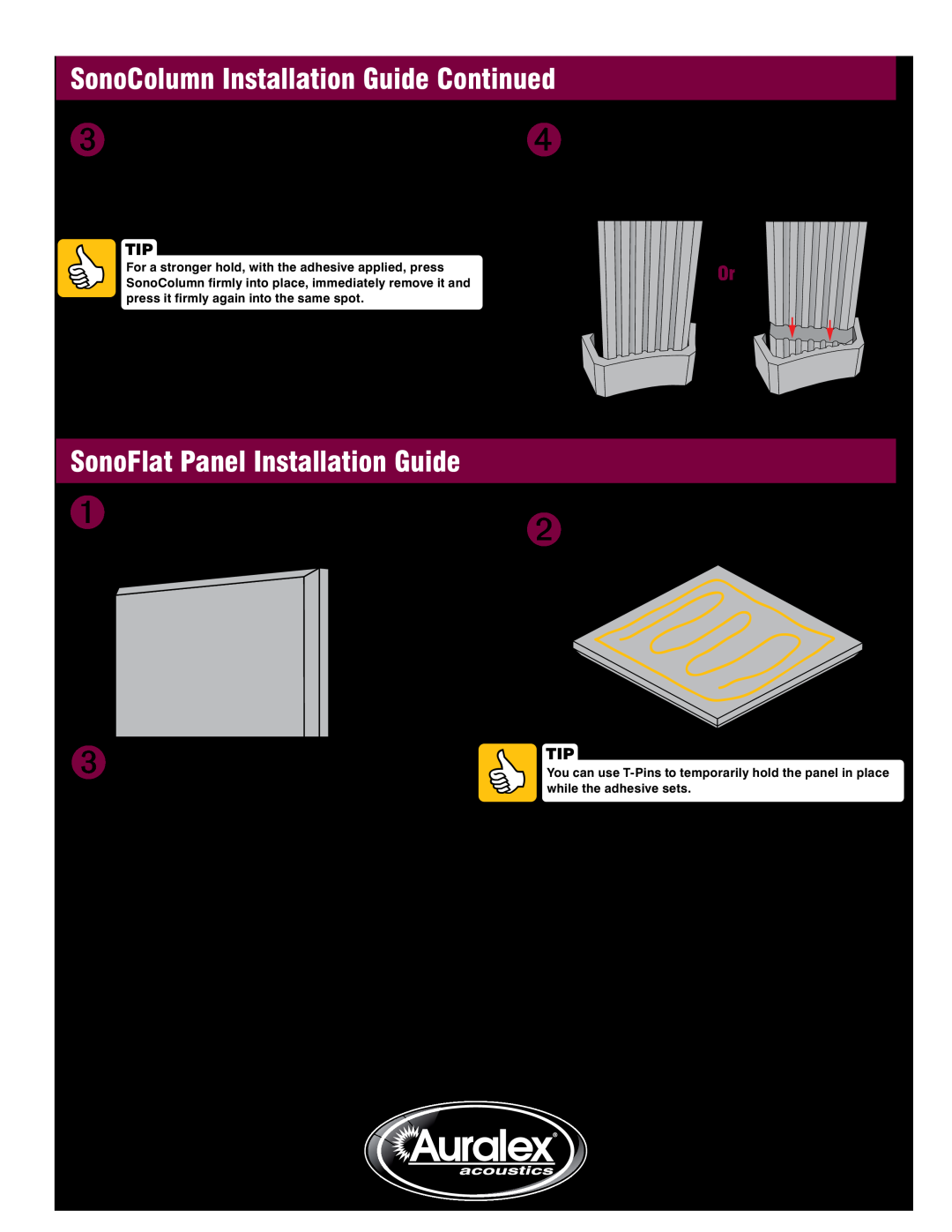 Auralex Acoustics SFS-112 manual SonoColumn Installation Guide Continued, SonoFlat Panel Installation Guide 