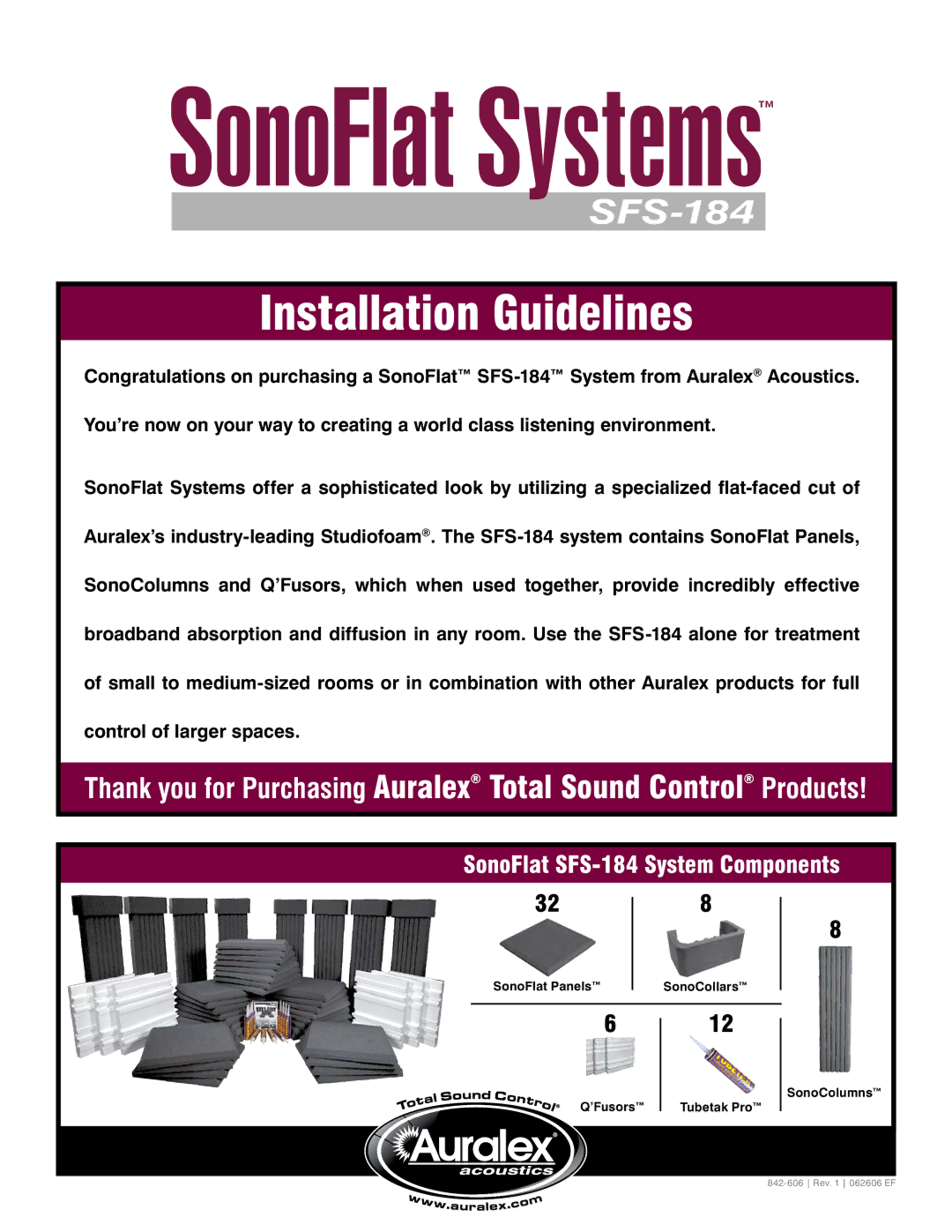 Auralex Acoustics SFS-184 manual SonoFlat Systems 