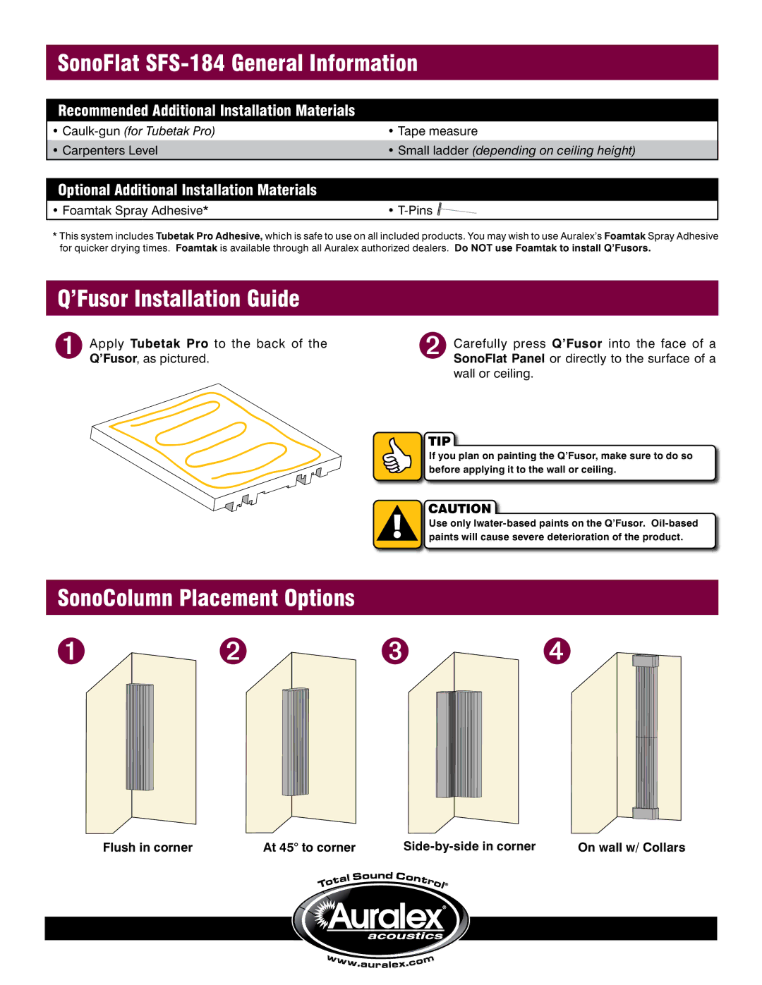 Auralex Acoustics manual SonoFlat SFS-184 General Information, ’Fusor Installation Guide, SonoColumn Placement Options 