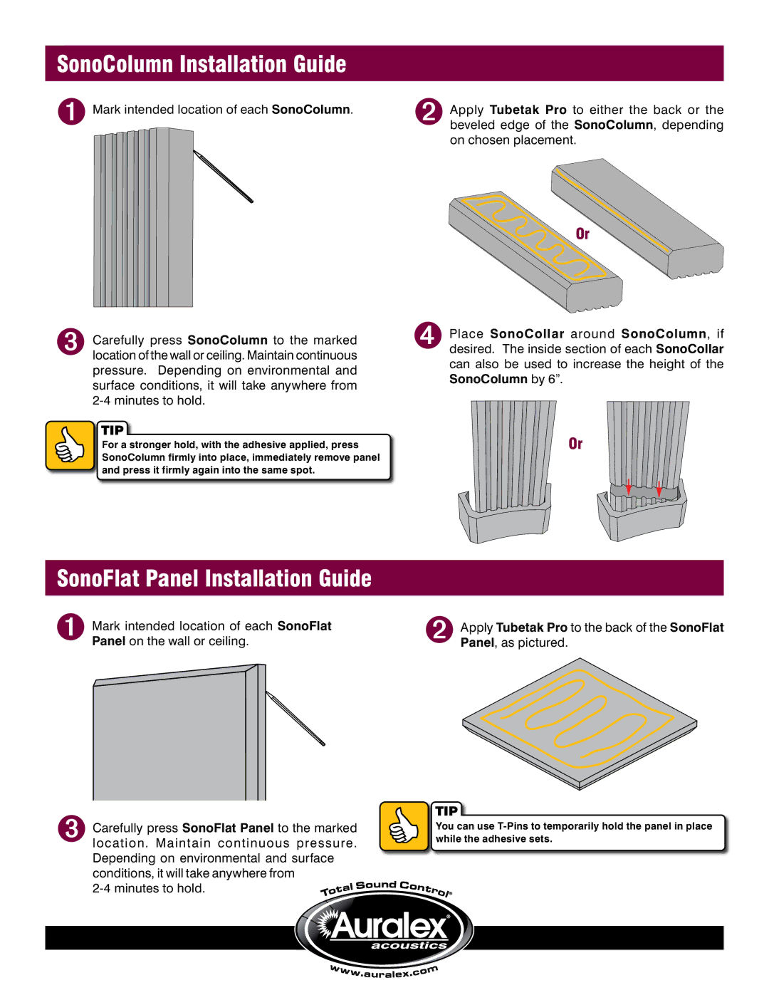 Auralex Acoustics SFS-184 manual SonoColumn Installation Guide, SonoFlat Panel Installation Guide 