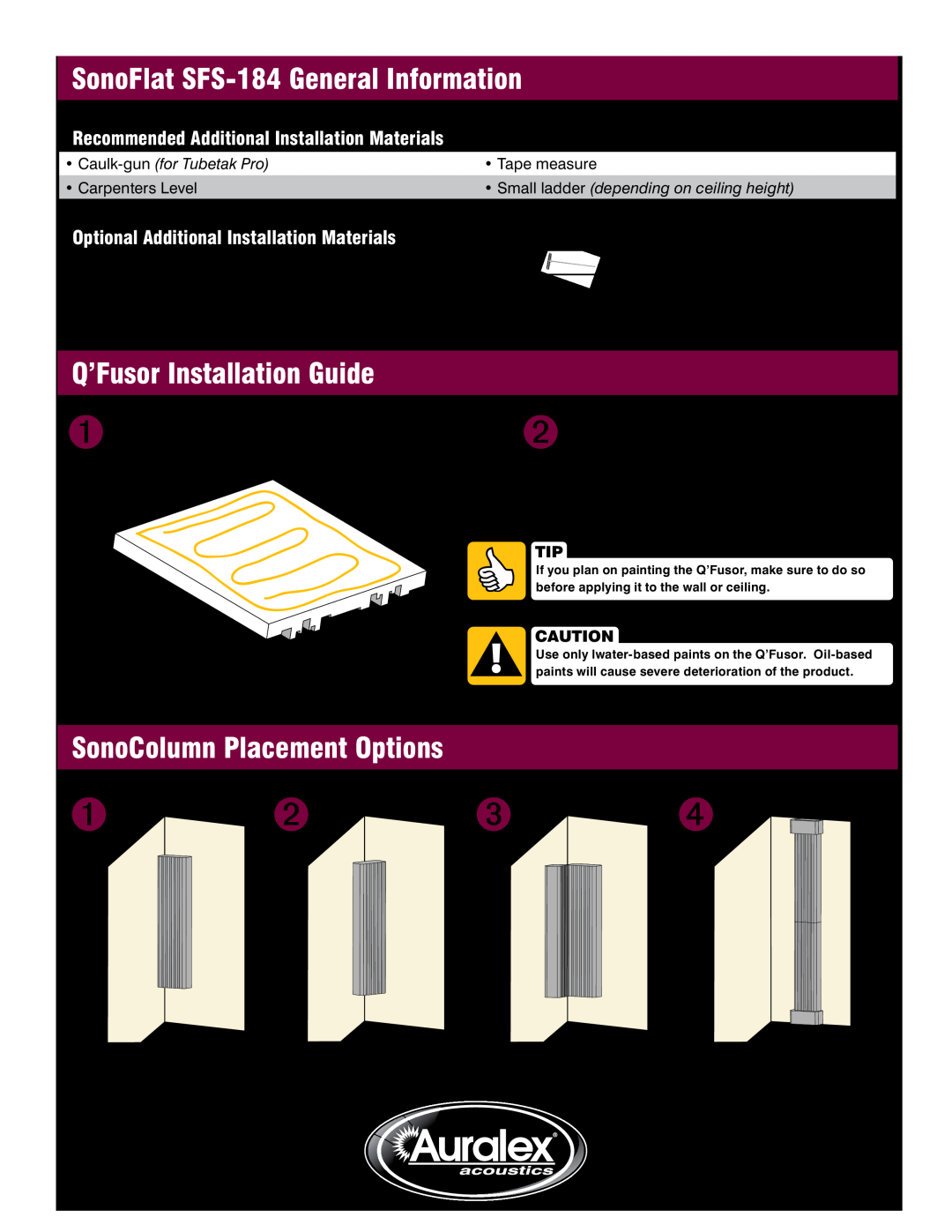Auralex Acoustics manual SonoFlat SFS-184General Information, Q’Fusor Installation Guide, SonoColumn Placement Options 