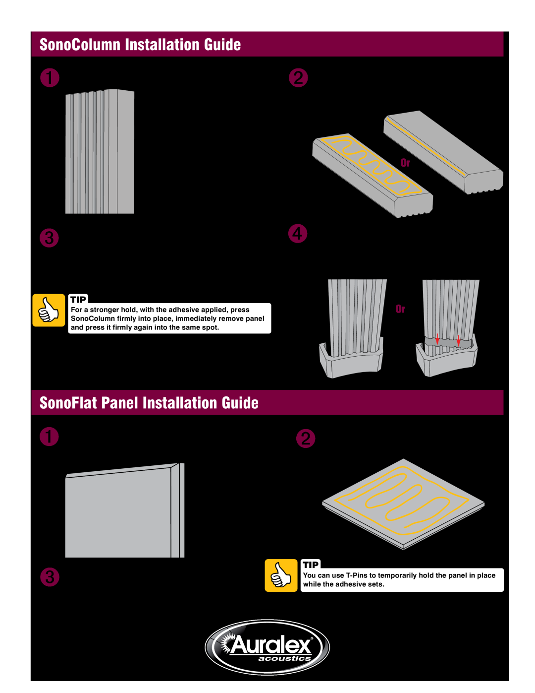Auralex Acoustics SFS-184 manual SonoColumn Installation Guide, SonoFlat Panel Installation Guide 
